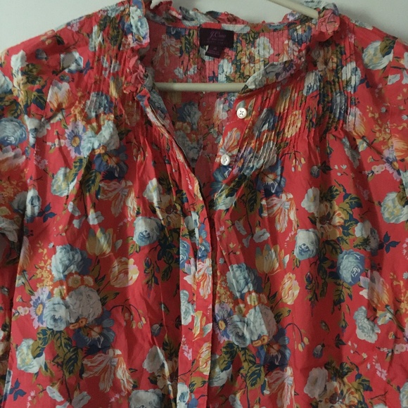 J CREW X LIBERTY Classic Popover Blouse Coral Floral Ruffle Collar Pintucking 4 - Picture 4 of 6